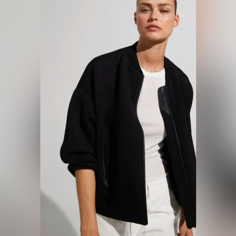 NWT Massimo Dutti Black Bomber Jacket Neoprene Full Zip Pockets Small